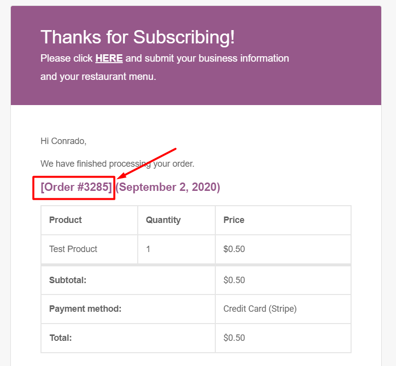 Sample Order Receipt