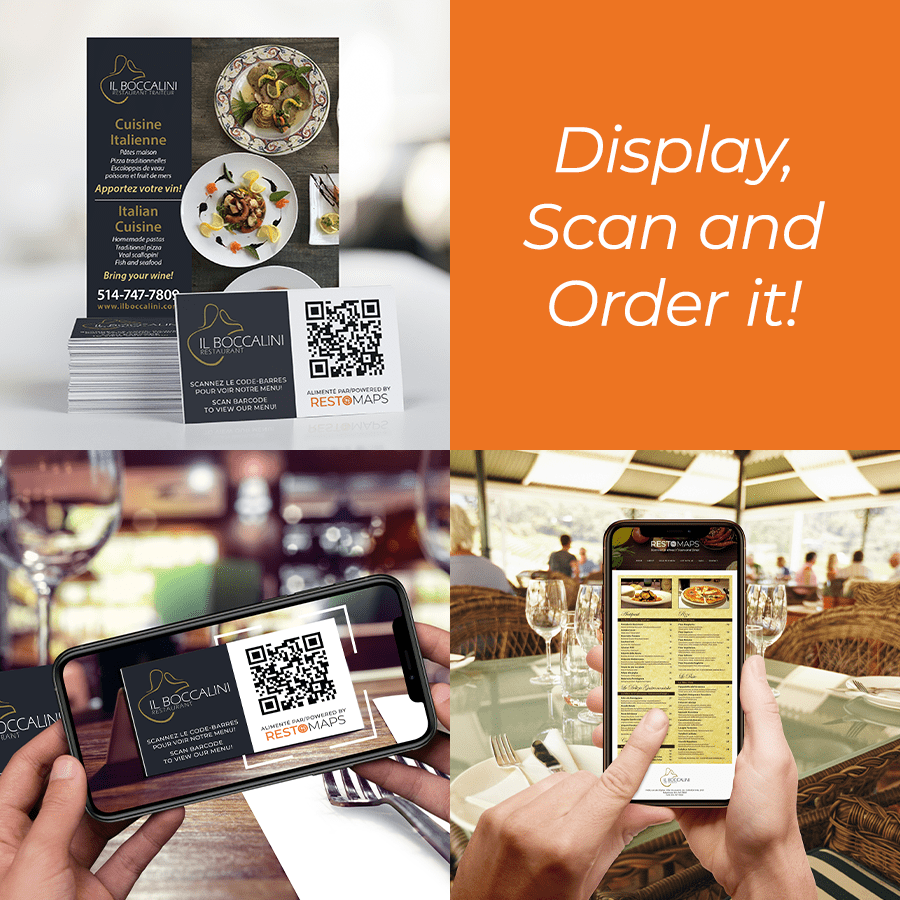 Business card with a qr code, Holding a phone, scanning qr code on a business card, scanning menu on the phone